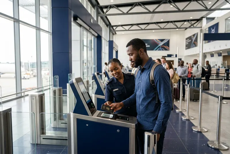 Voyageur africain accompagné à un contrôle automatisé de frontière